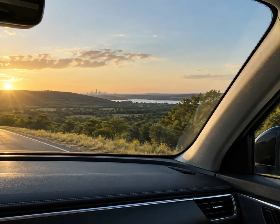 Landscape viewed through a vehicle windshield; illustrative image