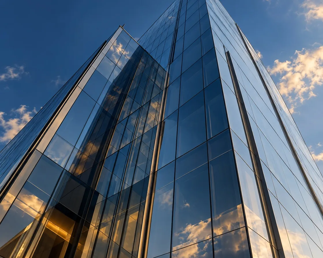 Sky reflected in a commercial glass façade; illustrative image