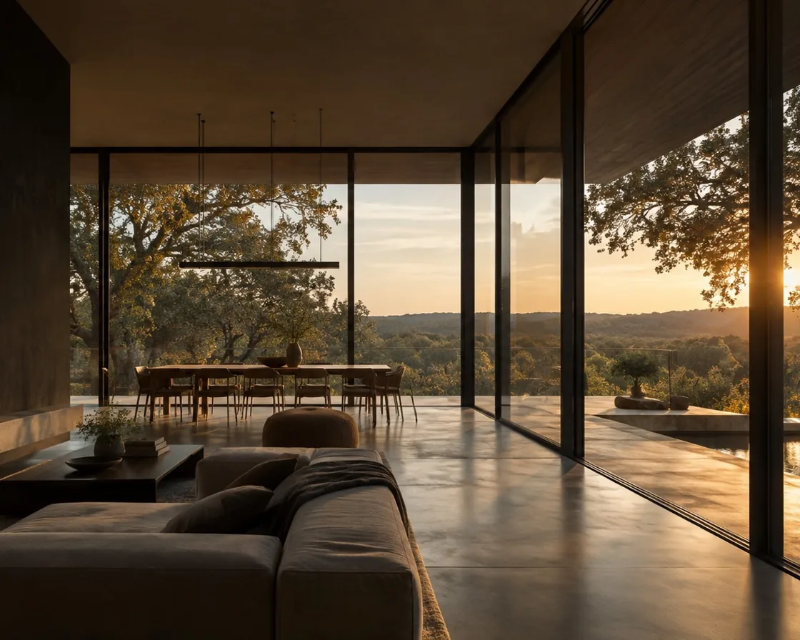 Sunlight entering a home through floor-to-ceiling glass; illustrative image